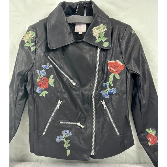Karlie Jackets & Blazers - Karlie Vegan Leather Floral Embroidered Moto Jacket Size M